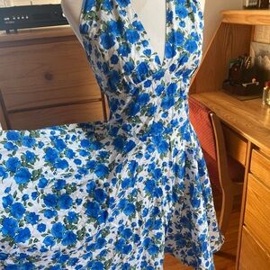 Floral Blue and White 1950s Halter Dress